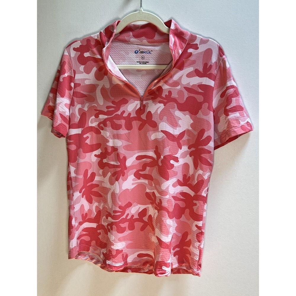 IBKUL Womens Medium Pink Camo Print 1/4 Zip Top UPF 50+ M Pickelball Tennis
